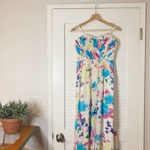Yumi Kim Watercolor Floral Print Maxi Strapless Gown